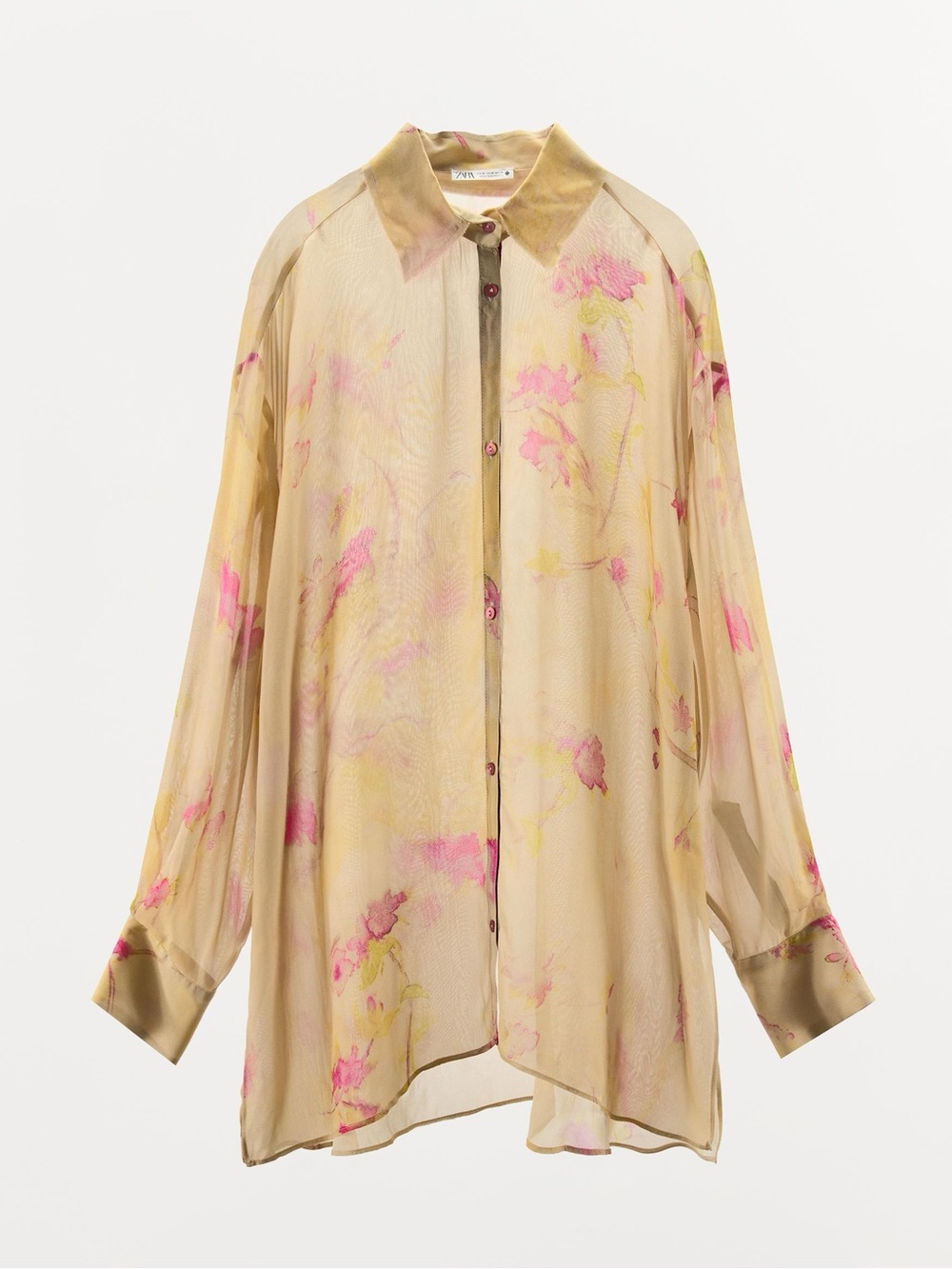 Zara Beige Sheer Floral Button-Down Shirt